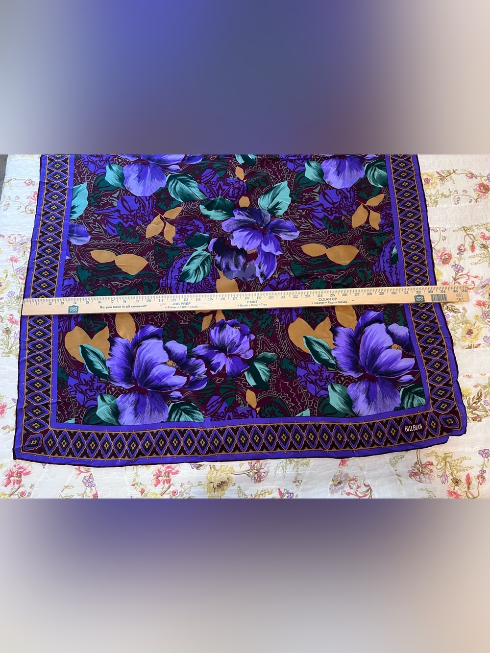 Vintage Bill Blass Purple Floral Silk Scarf Large Square Designer - Picture 6 of 6
